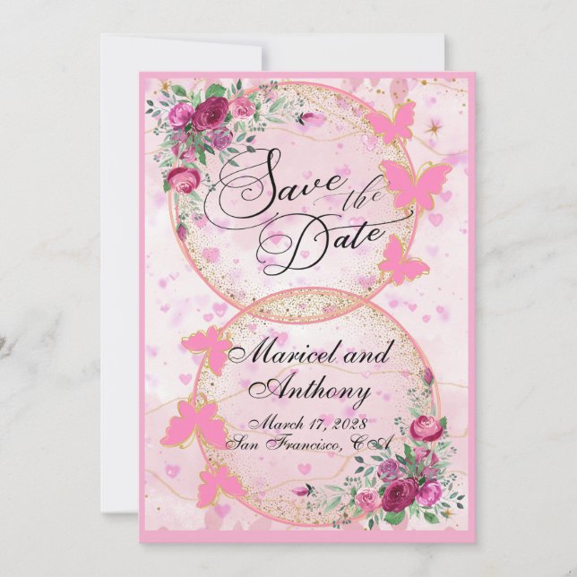 Save The Date Thème Papillons Roses Simples Faire Part de Date (Devant)
