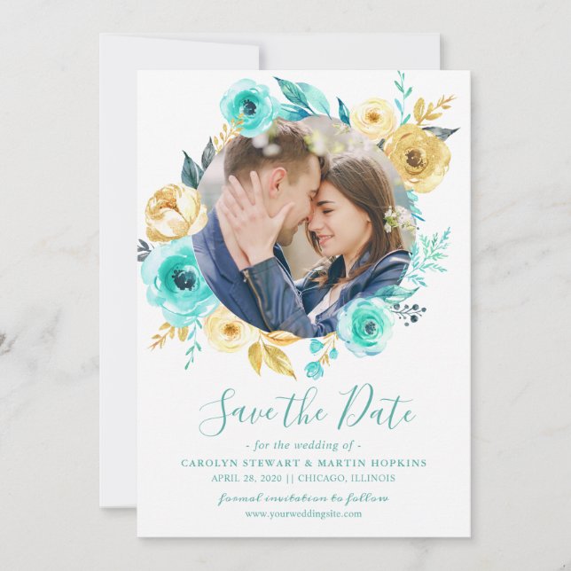 Save The Date Tiffany Gold Floral Wreath Photo Enregistrer la da (Devant)