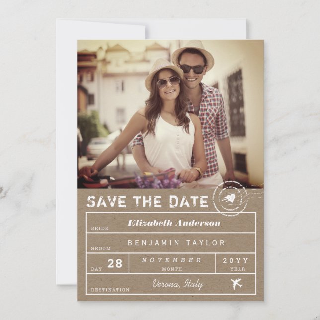 Save The Date Timbre rustique Destination Mariage Bagage Balise  (Devant)