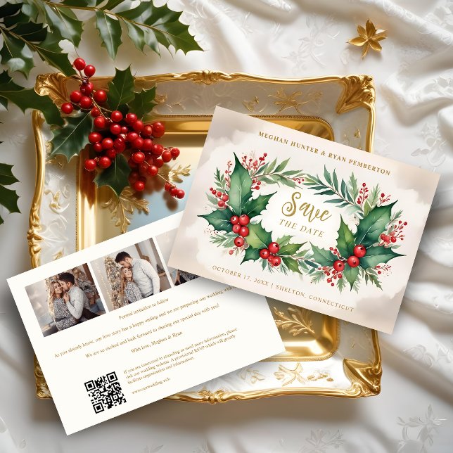 Save The Date Timeless Christmas Holly Branches 3 Photos Classic (Timeless Christmas Holly Branches 3 Photos Classic Collage Wedding Save the Dates Cards. )