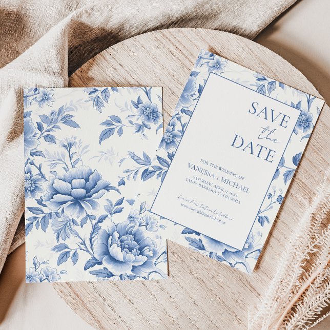 Save The Date Toile Bleu Floral De Jouy (Créateur téléchargé)