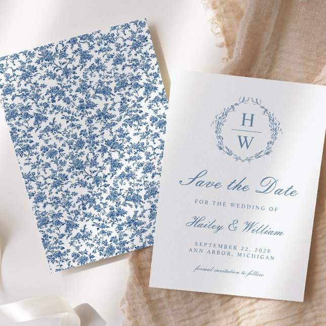 Save The Date Toile Florale Victorienne Bleu Mariage Enregistrer (Créateur téléchargé)