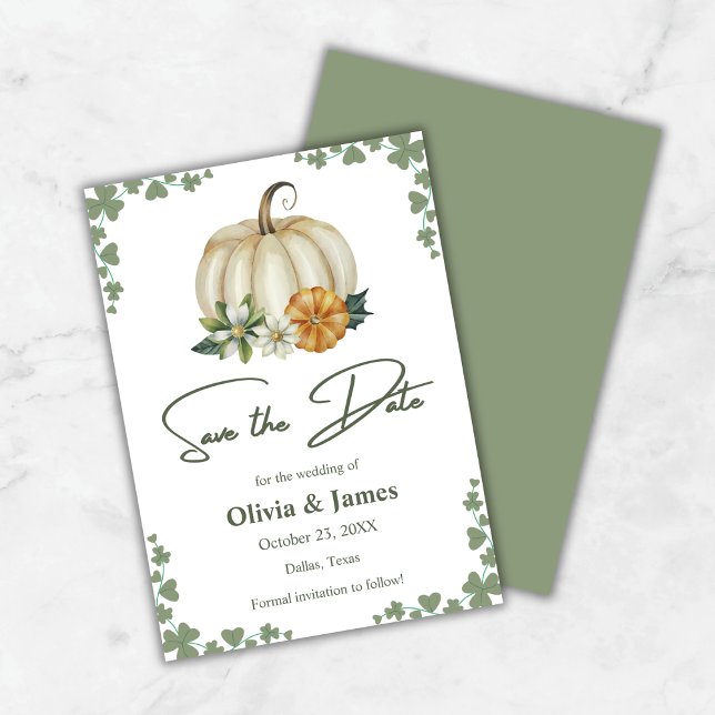 Save The Date Tombez amoureux Citrouille Sauge Verte Mariage   (Fall in Love Pumpkin Sage Green Wedding Save The Date Card )