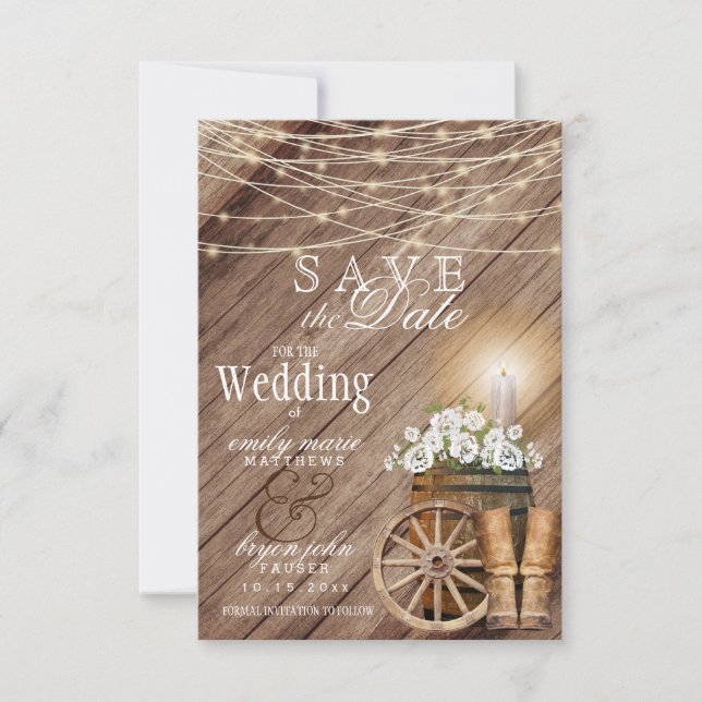 Save The Date Tonneau de bois rustique et guirlandes de lumières (Devant)