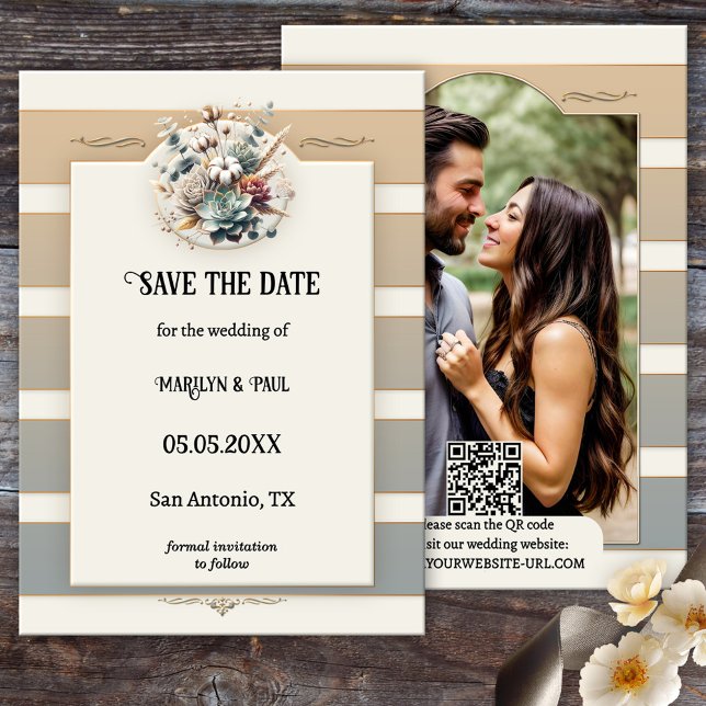 Save The Date Tons de la Terre rayées Photo florale Enregistrer  (Wedding Photo Save the Date card featuring an elegant striped design in pastel earth tones)