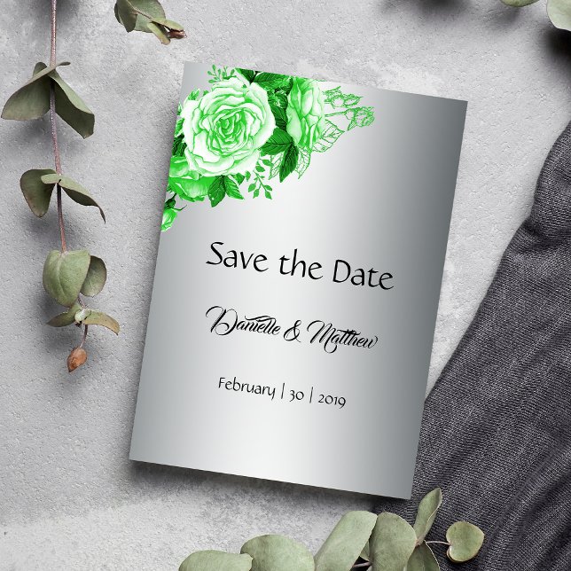 Save The Date Tons vert Aquarelle Roses Mariage argent (Créateur téléchargé)