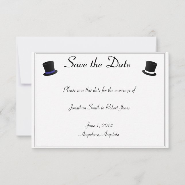 Save The Date Top Chapeaux Bow Cravates Blue Gay Wedding Enregis (Devant)