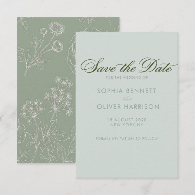 Save The Date topographie vert sauge élégante simple chic (Devant / Derrière)