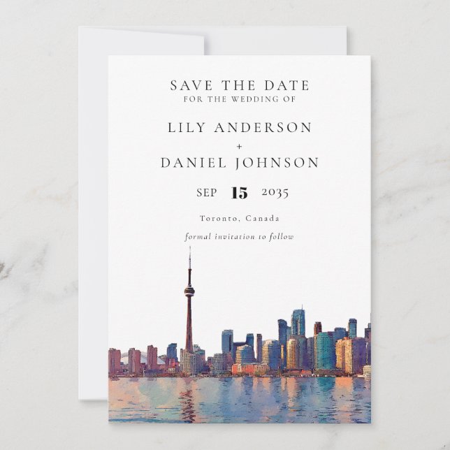 Save The Date Toronto Skyline Watercolor Destination Wedding (Devant)