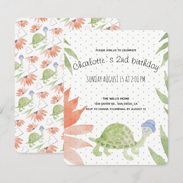 Save The Date Tortue Bébé Aquarelle Peinte à la Main (Devant / Derrière)