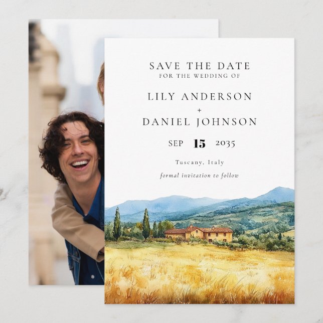 Save The Date Toscane Italie Aquarelle Rustique Photo Mariage (Devant / Derrière)