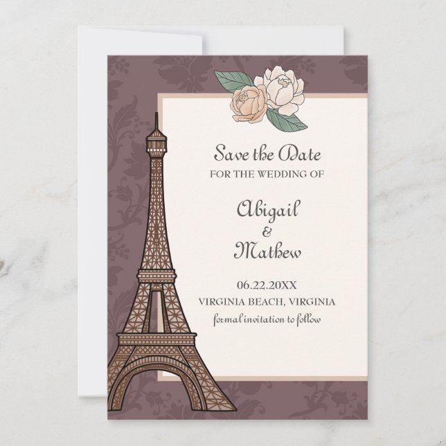 Save The Date Tour Eiffel Paris Floral Damask Muet violet (Devant)