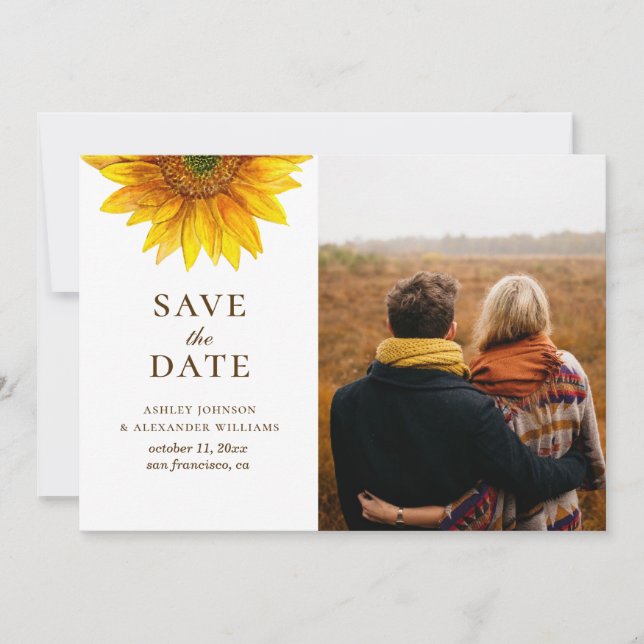Save The Date Tournesol à l'aquarelle. Botanique florale rustiqu (Devant)