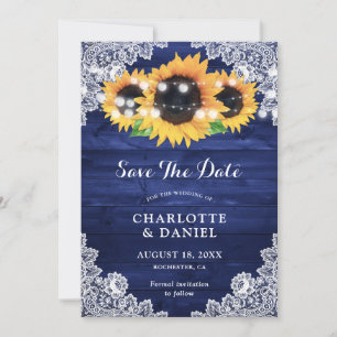 Save The Date Tournesol Bleu Marine Bois Floral Dentelle Mariage