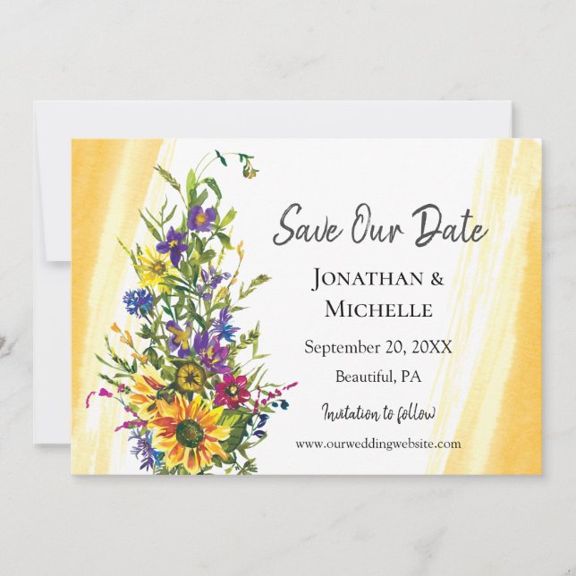 Save The Date Tournesol coloré Fleur sauvage Mariage vert (Devant)