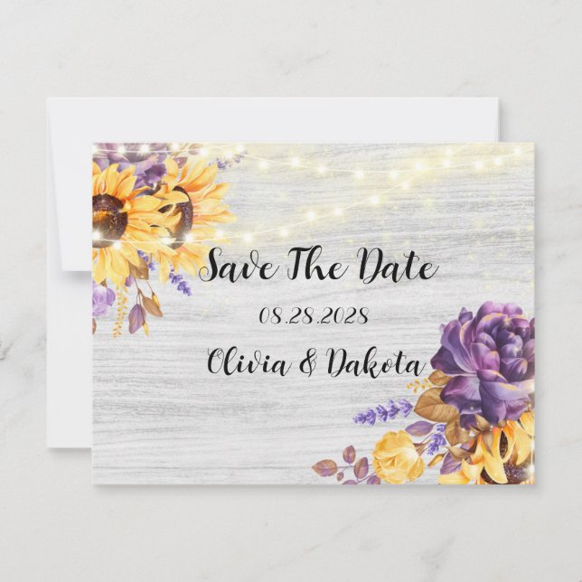 Save The Date Tournesol de printemps et pivoine violette, enregi (Devant)