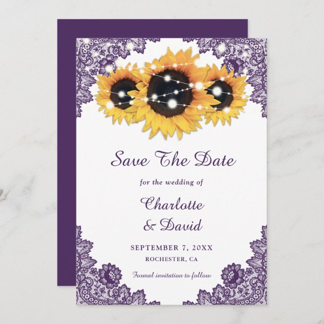 Save The Date Tournesol en dentelle violet rustique chic (Devant / Derrière)