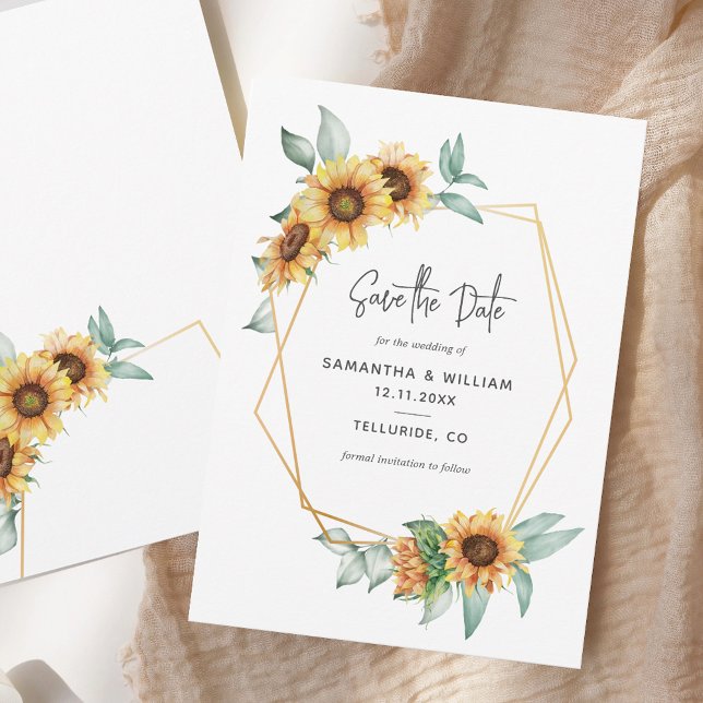 Save The Date Tournesol Floral Eucalyptus géométrique (Sunflower Floral Eucalyptus Geometric Save The Date)