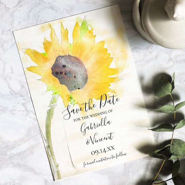 Save The Date Tournesol jaune sur Mariage d'aquarelle blanche (Créateur téléchargé)