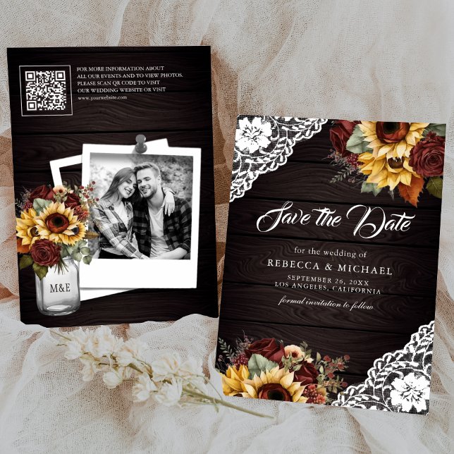 Save The Date Tournesol Rose Bourgogne Code QR Bois Photo de Mar (Créateur téléchargé)