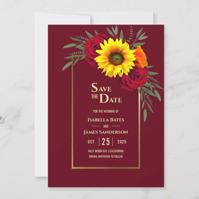 Save The Date Tournesol Rouge Rose Burgundy Gold Mariage Sauvez (Devant)