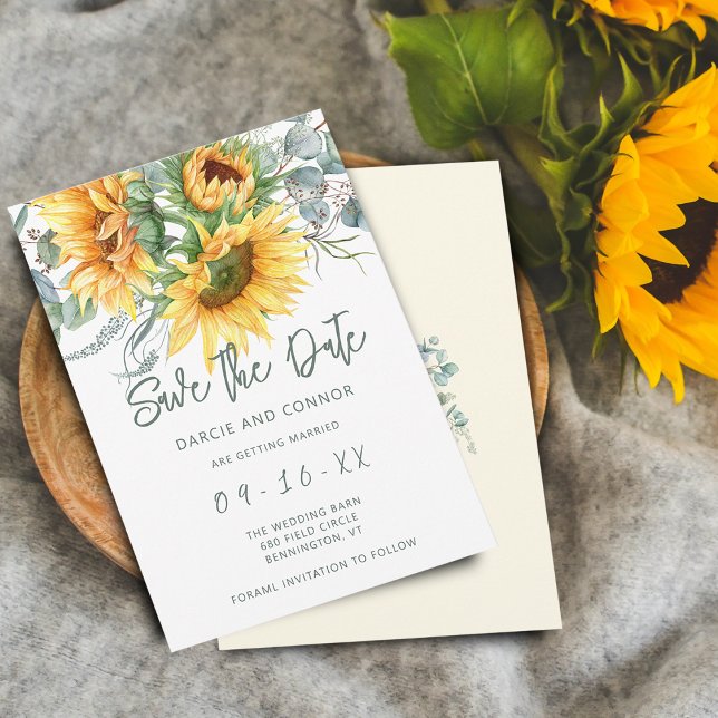 Save The Date Tournesol rustique Eucalyptus Aquarelle (Rustic Sunflower Eucalyptus Watercolor Save The Date)