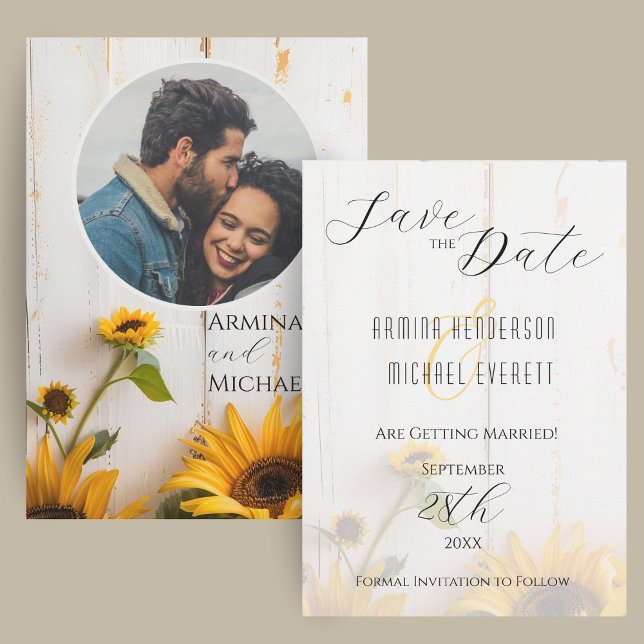 Save The Date Tournesol rustique Grange en bois Photo (A rustic wedding save the sate card with sunflowers, white barn wood, and a photo.)