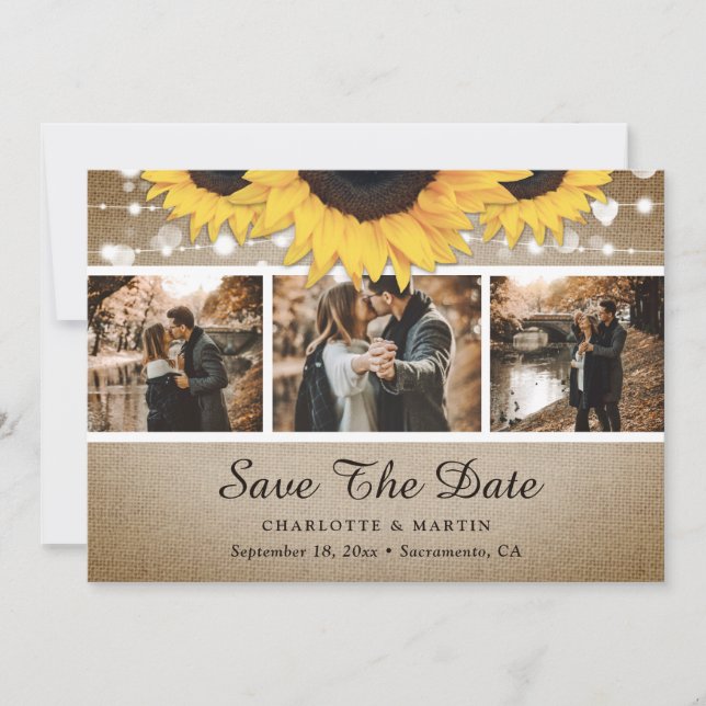 Save The Date Tournesol Rustique Lumières en bois Mariage Photo (Devant)