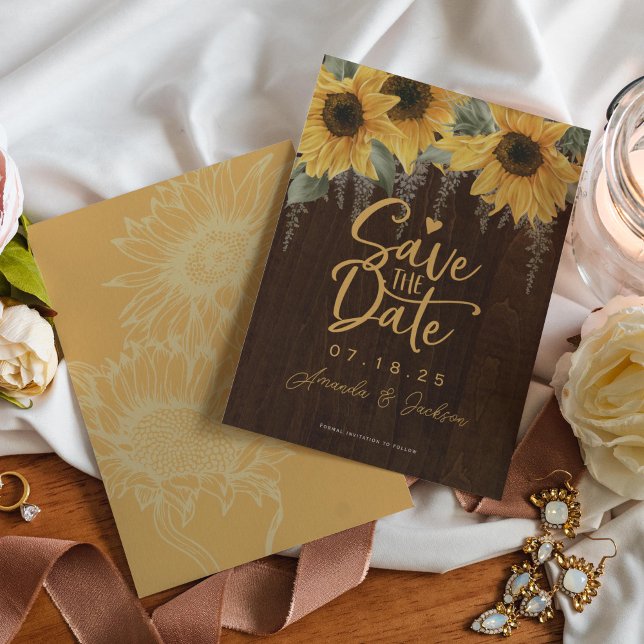 Save The Date Tournesol rustique, Mariage de automne de pays (Sunflower wedding save the date cards. For rustic wedding in summer and fall seasons.)