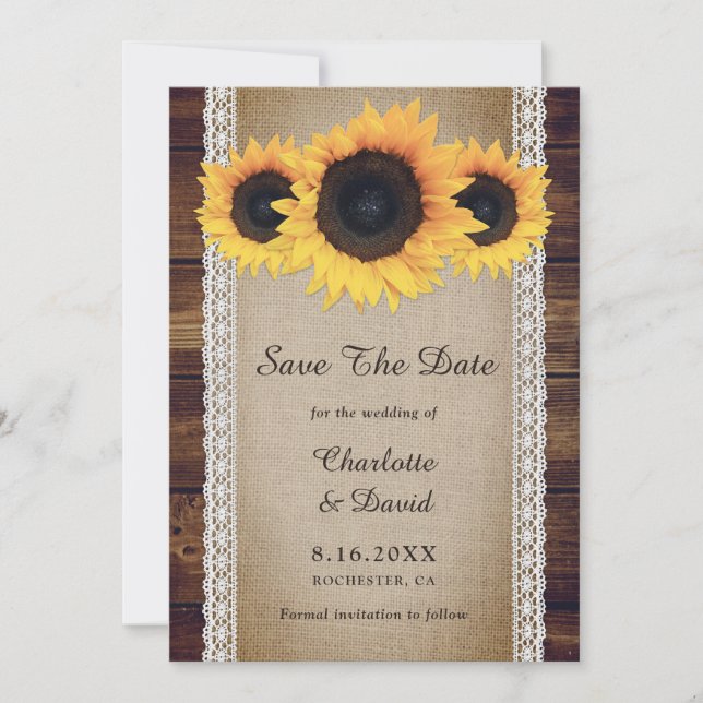 Save The Date Tournesol Rustique Pays Bois Burlap Mariage dentel (Devant)