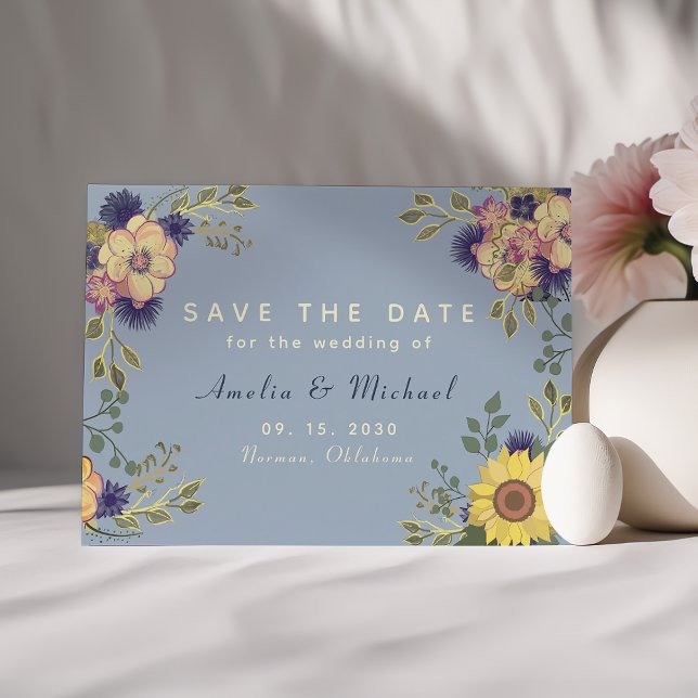 Save The Date Tournesol Rustique Poussiéreux Bleu Mariage Éviter (Créateur téléchargé)