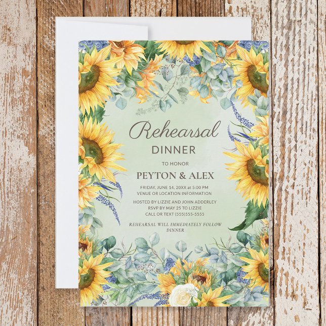 Save The Date Tournesol Sage Green Eucalyptus Feuilles répétitio (Sunflowers and eucalyptus leaves Rehearsal Dinner invitation)