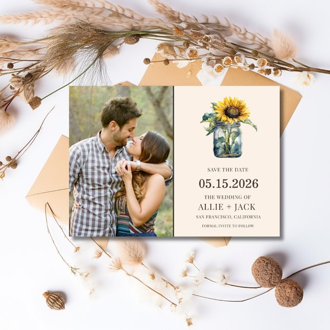 Save The Date Tournesol simple photo Mariage rustique (Simple Sunflower Rustic Wedding Photo Save The Date)