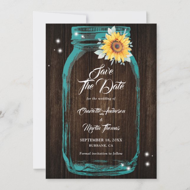 Save The Date Tournesol Turquoise bois Mason Jar Mariage (Devant)