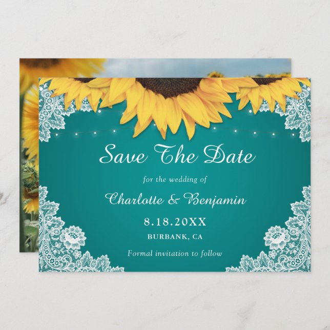 Save The Date Tournesol Turquoise Rustique Mariage Photo Enregis (Devant / Derrière)