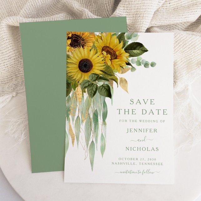 Save The Date Tournesols Botaniques Élégants (Green Sunflower Eucalyptus Wedding Save The Date)