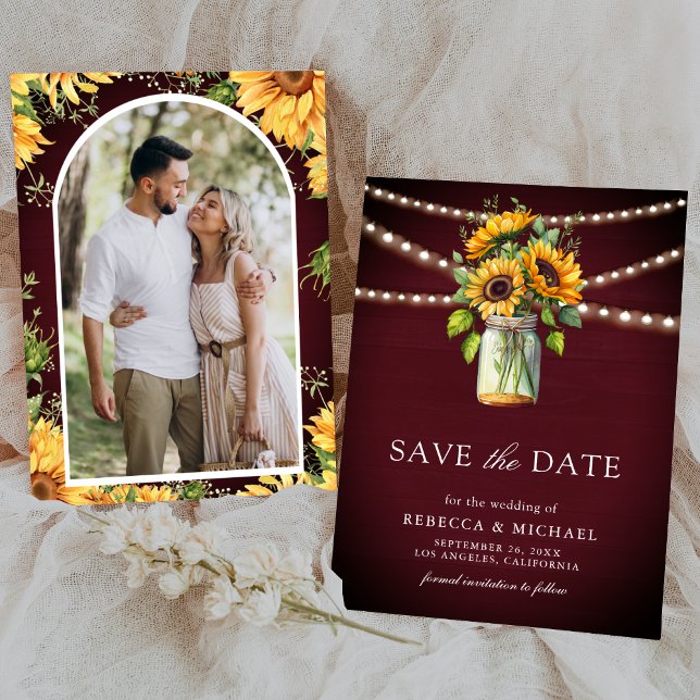 Save The Date Tournesols Bourgogne Pot Mason Photo Mariage (Créateur téléchargé)
