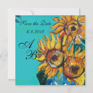 SAVE THE DATE TOURNESOLS EN ÉTÉ BLEU TURQUOISE PARTY MONOGRAMME