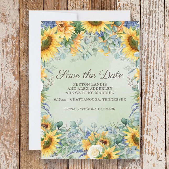 Save The Date Tournesols Sage Vert Feuilles d'Eucalyptus Mariage (Sunflower wedding Save the Date)