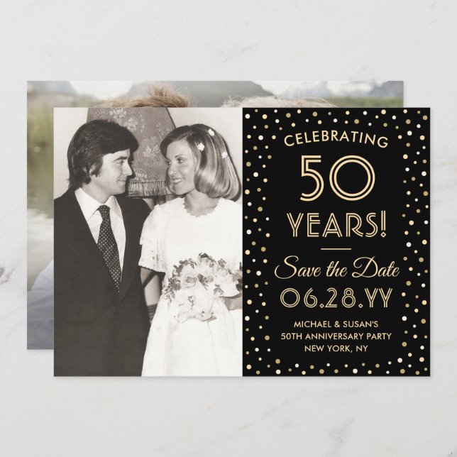 Save The Date TOUT Anniversaire 2 Photo Black & Gold Confetti (Devant / Derrière)