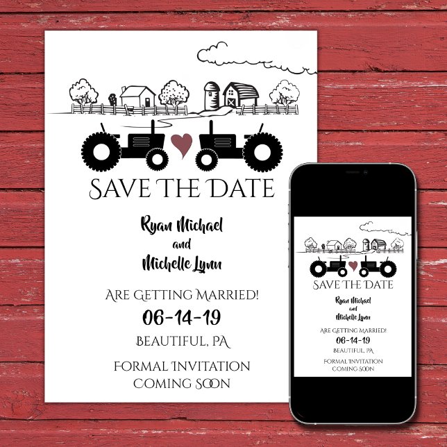 Save The Date Tracteurs de silhouettes et ferme noir - Mariage b (Créateur téléchargé)