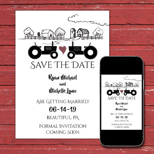 Save The Date Tracteurs en silhouette et mariage noir et blanc à