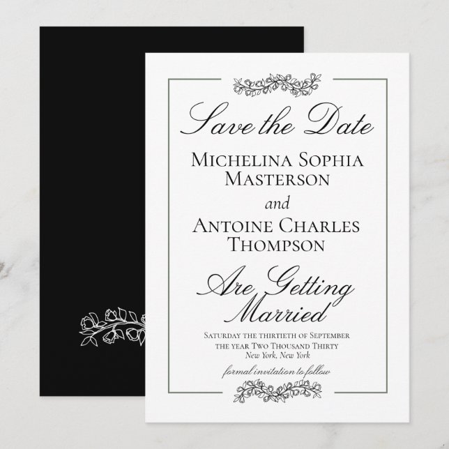 Save The Date Traditionnel Formel Élégant Noir Blanc | Mariage (Devant / Derrière)