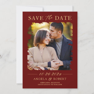Save The Date Trame photo de luxe Burgundy Red Gold Brush
