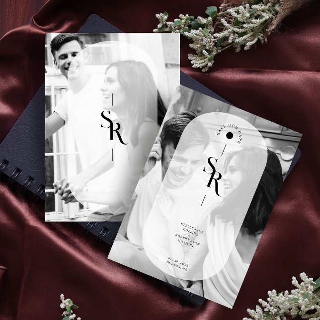 Save The Date Transparence du volume délicat Initiales blanches  (Delicate Vellum Transparency Elegant Black & White Wedding Initials 2 Photos Save the Date Card.)