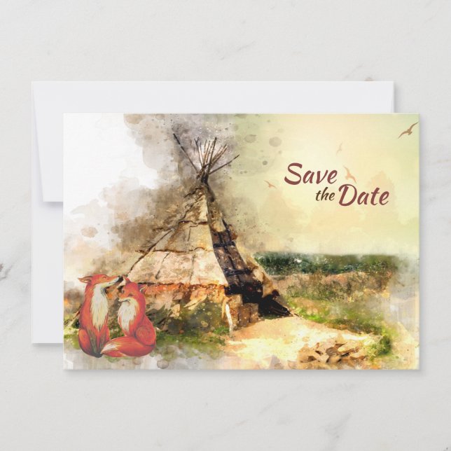 Save The Date Tribal Tipi et renards dans Love Boho Teepee Maria (Devant)