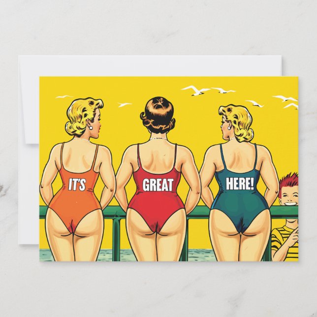 Save The Date Trois belles femmes en bikini sur une plage, drôle (Devant)