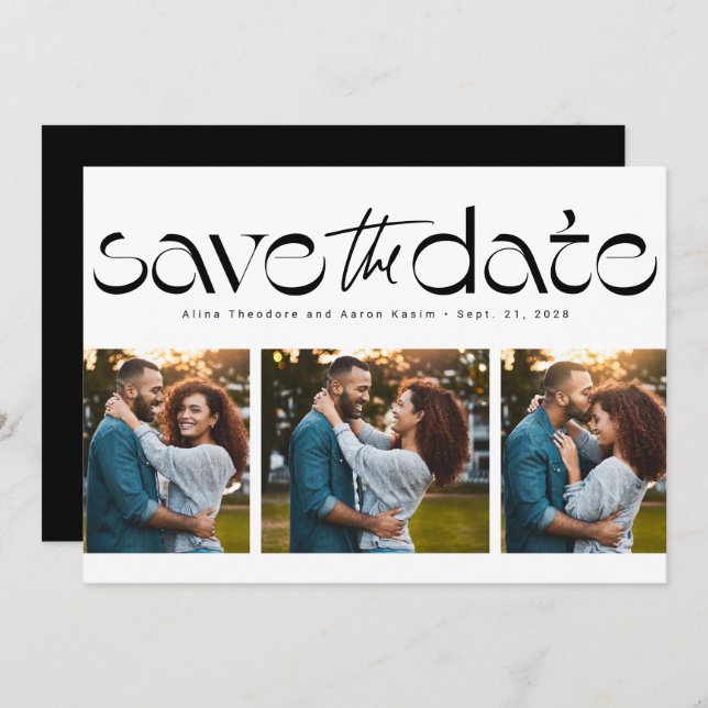 Save The Date Trois photos simple moderne tendance noir blanc (Devant / Derrière)