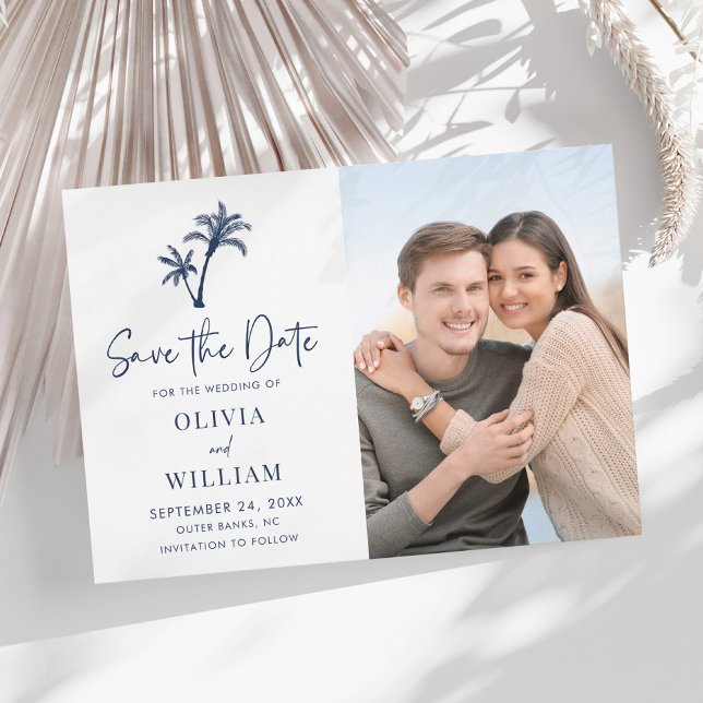 Save The Date Tropical Beach Palm Tree Navy Blue Mariage Photo (Créateur téléchargé)