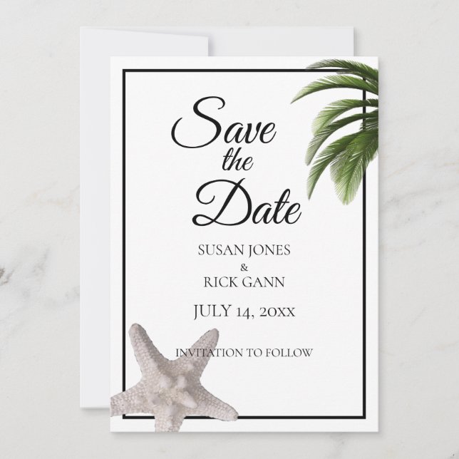 Save The Date Tropical Beach Palm Tree Starfish Moderne (Devant)